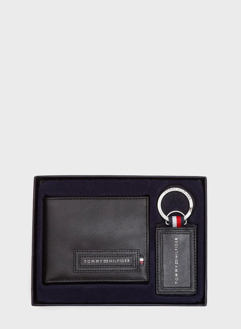 Tommy Hilfiger Black Leather Wallet & Keychain Set For Men