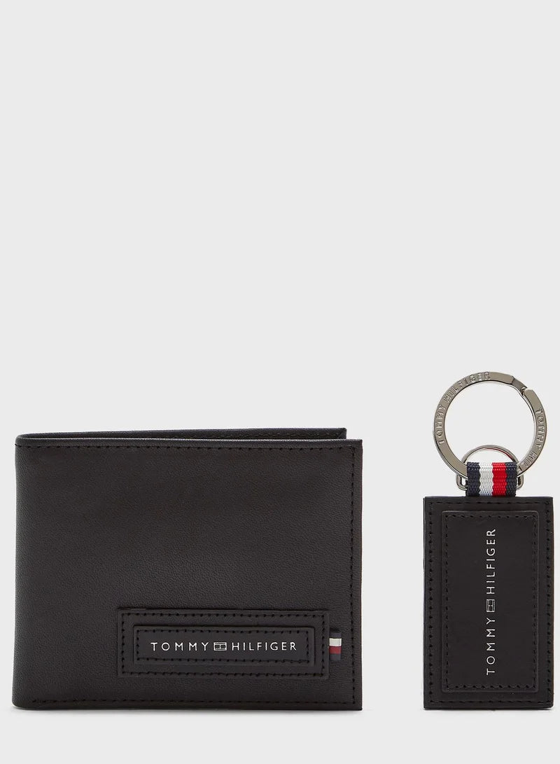 Tommy Hilfiger Black Leather Wallet & Keychain Set For Men