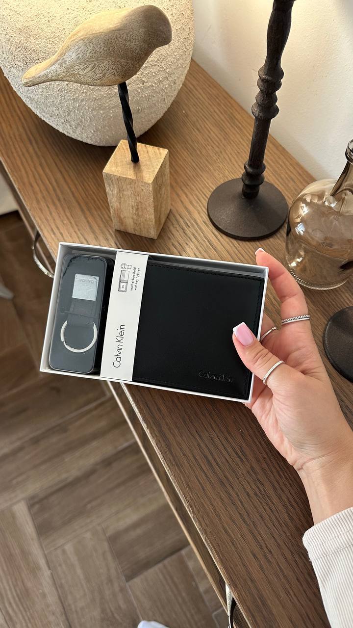 CK Black Leather Wallet & Keychain Set For Men